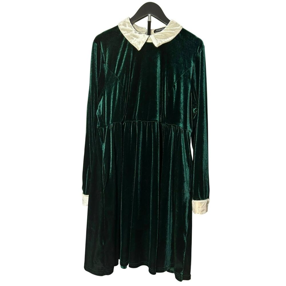 KOJOOIN Green Velvet Peter Pan Collar Dress 2XL Long Sleeve Pockets Dark Morii